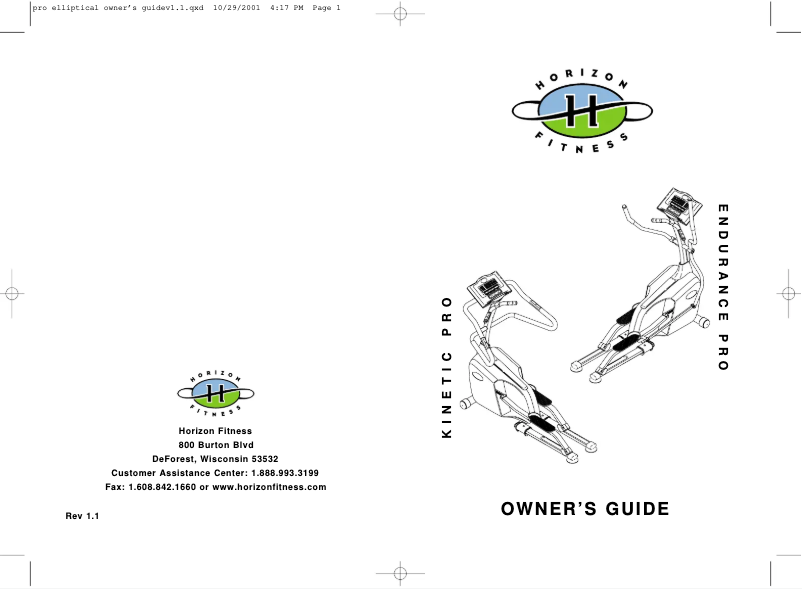 Page 1 of the manual User Manual Horizon Fitness Kinetic Pro