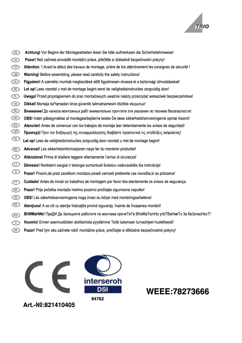 Page 1 de la notice Manuel utilisateur Trio Lighting Clapton 821410405