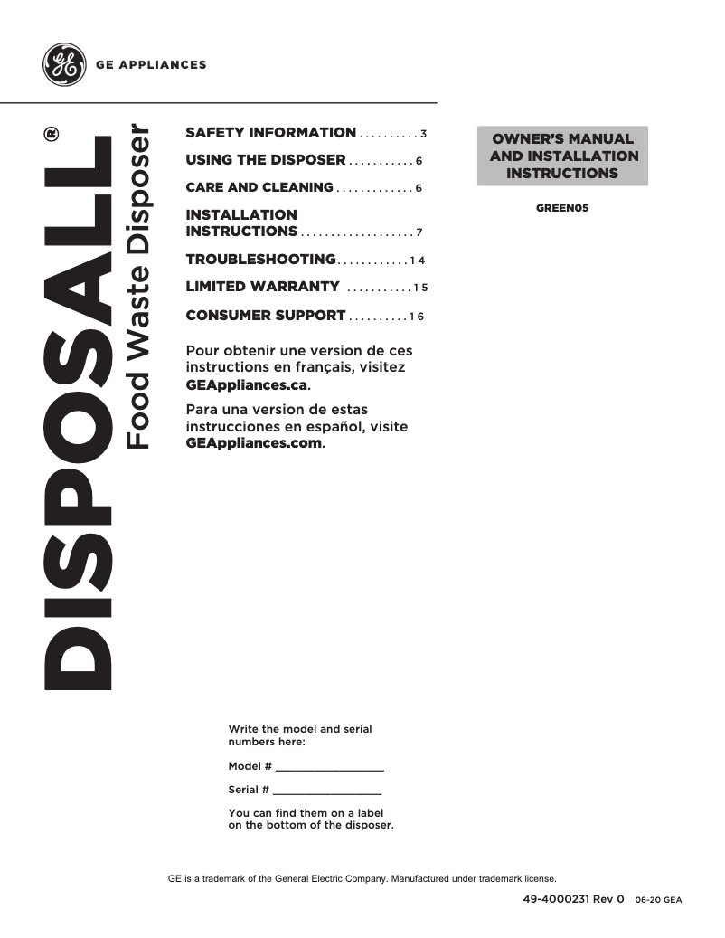 Page 1 de la notice Manuel d'utilisation et d'entretien GE GREEN05P