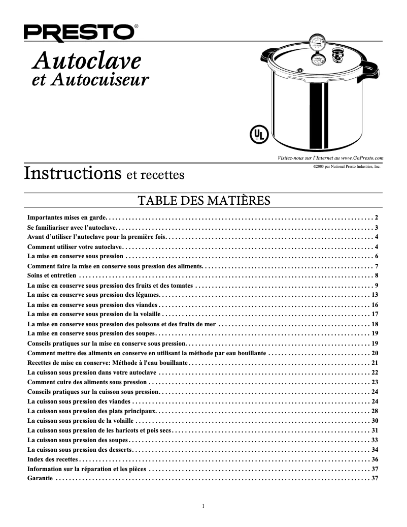 Page 1 de la notice Manuel utilisateur Presto 01755