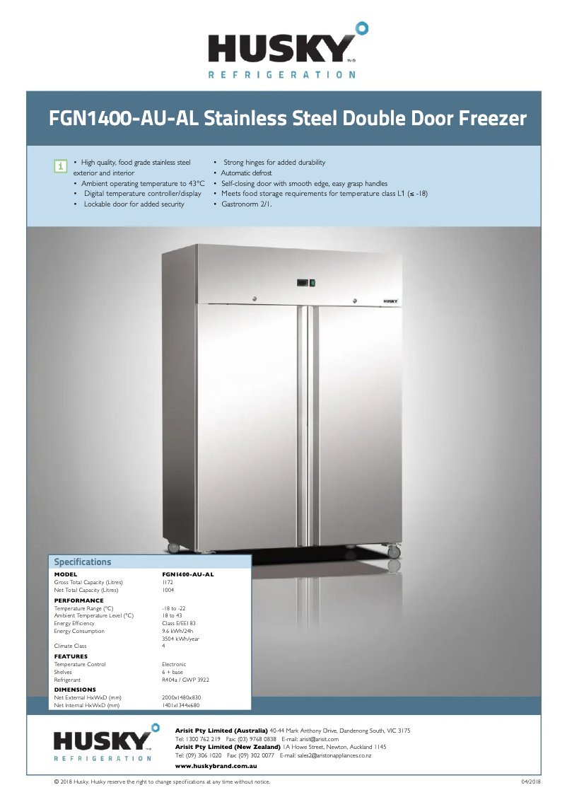 Page 1 de la notice Fiche technique Husky FGN1400-AU-AL