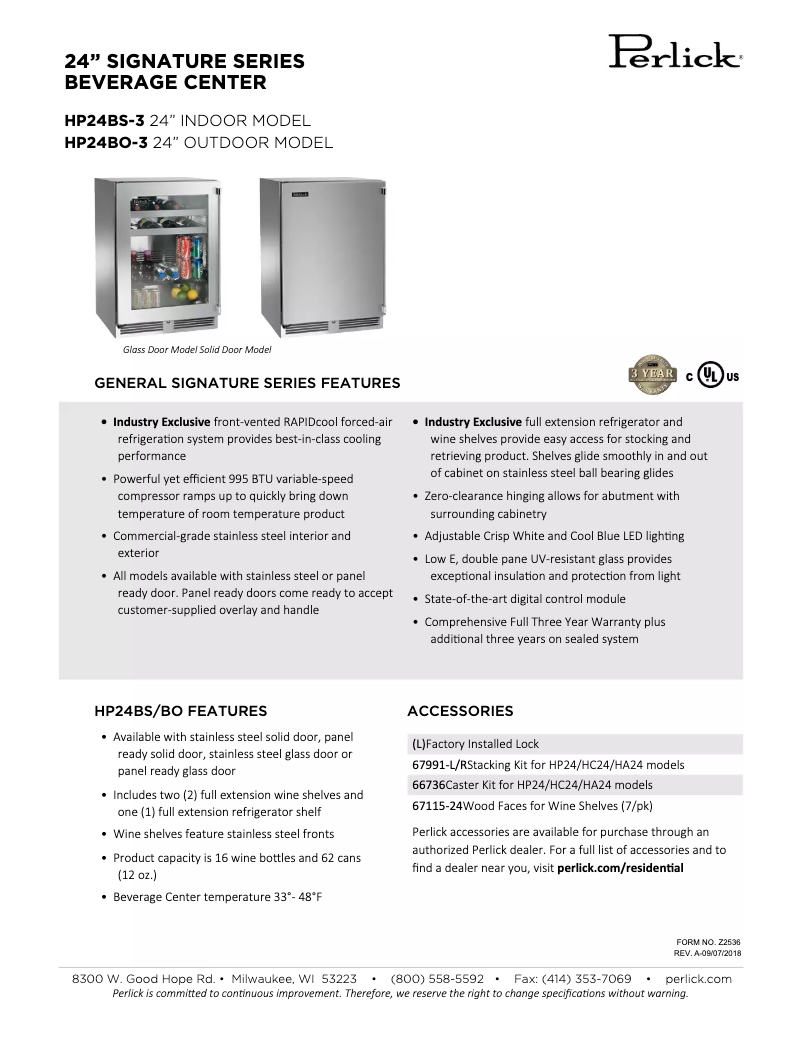 Page 1 de la notice Fiche technique Perlick Signature Series HP24BO-3-1R