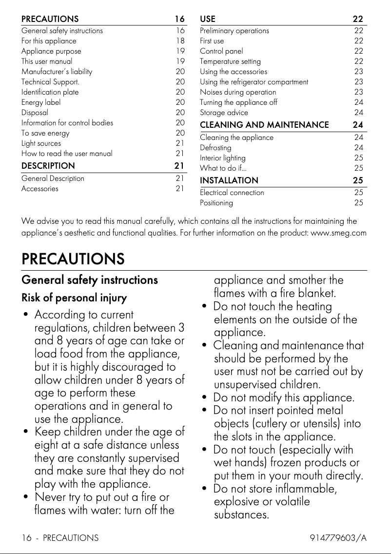 Página 1 del manual Folleto Smeg FAB10HRRD5