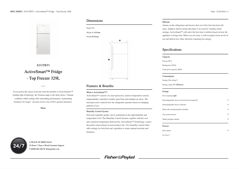 Página 1 del manual Ficha técnica Fisher & Paykel E331TRT3