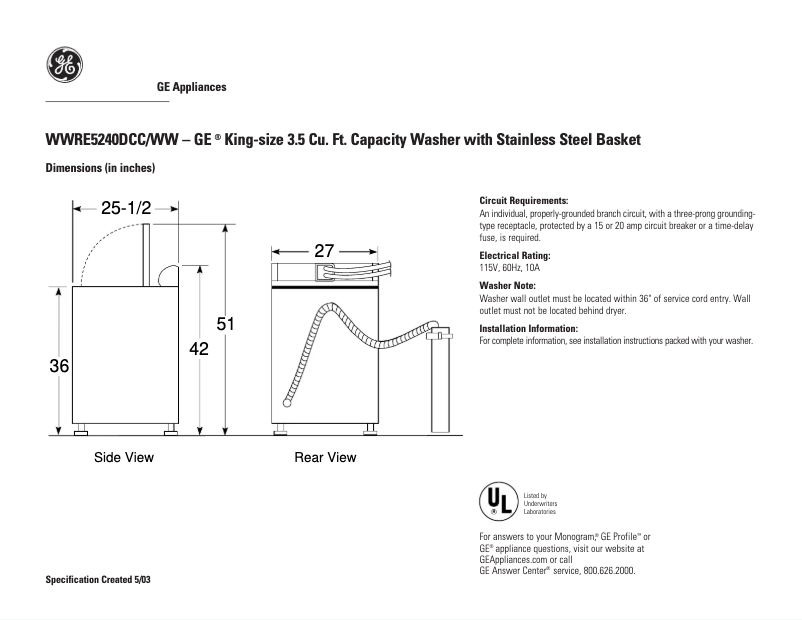 Page 1 of the manual Technical Sheet GE WWRE5240DWW