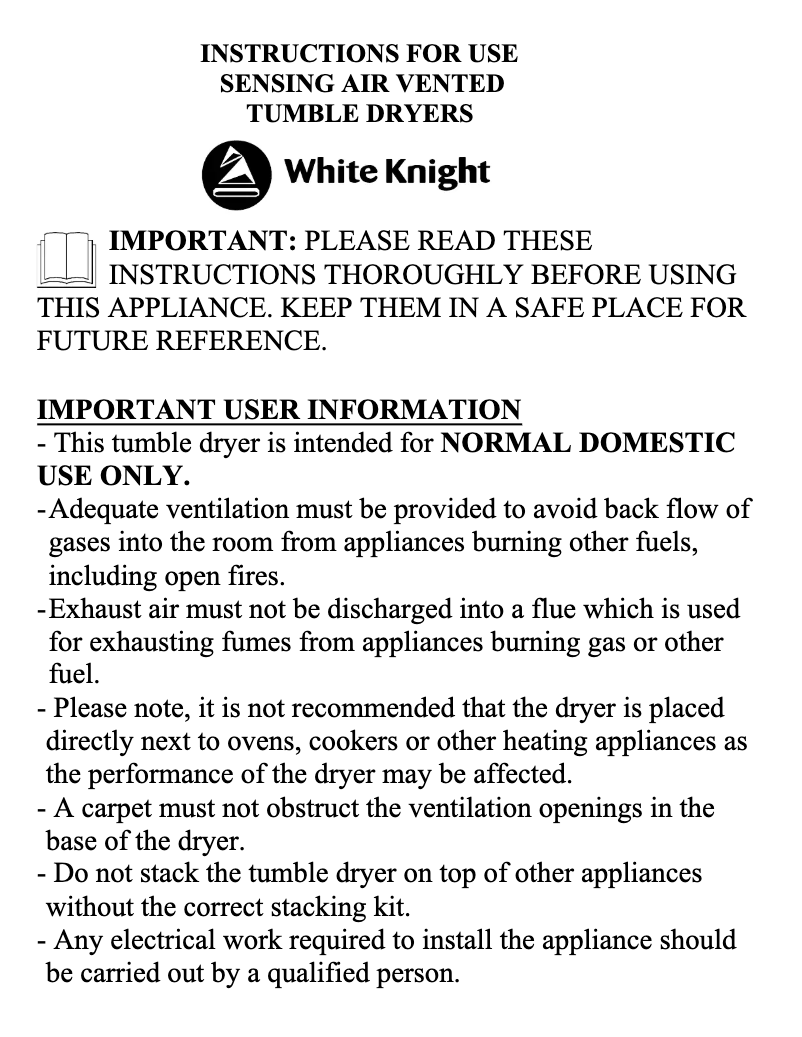 Page 1 de la notice Manuel utilisateur White Knight C86CW