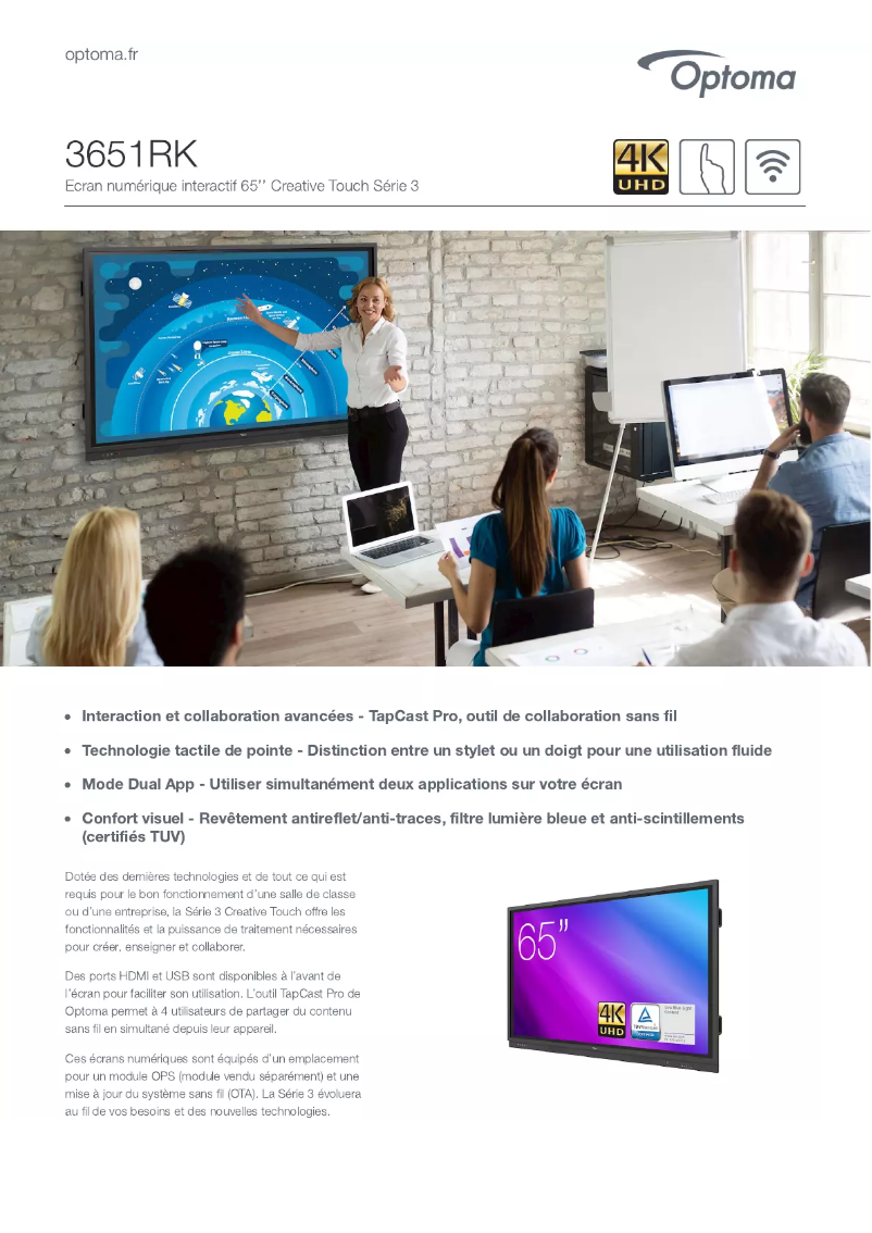 Page 1 de la notice Fiche technique Optoma 3651RK