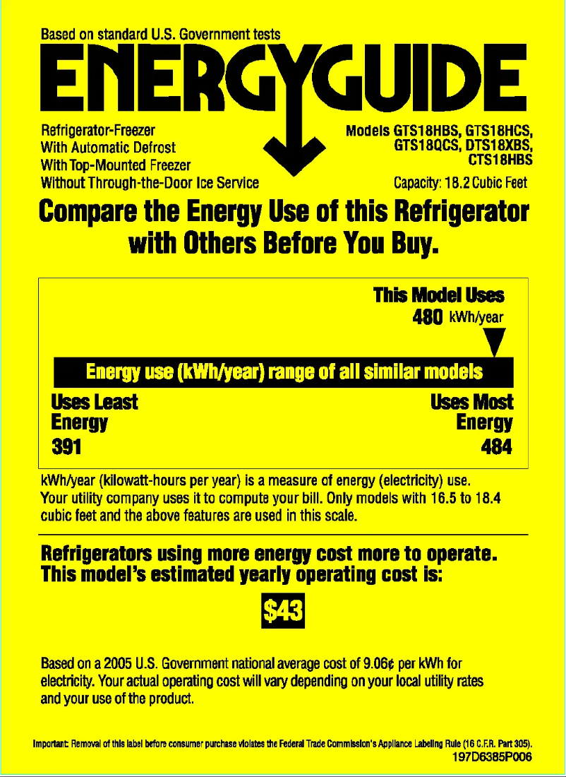 Page 1 de la notice Label énergétique GE GTS18QCSWW