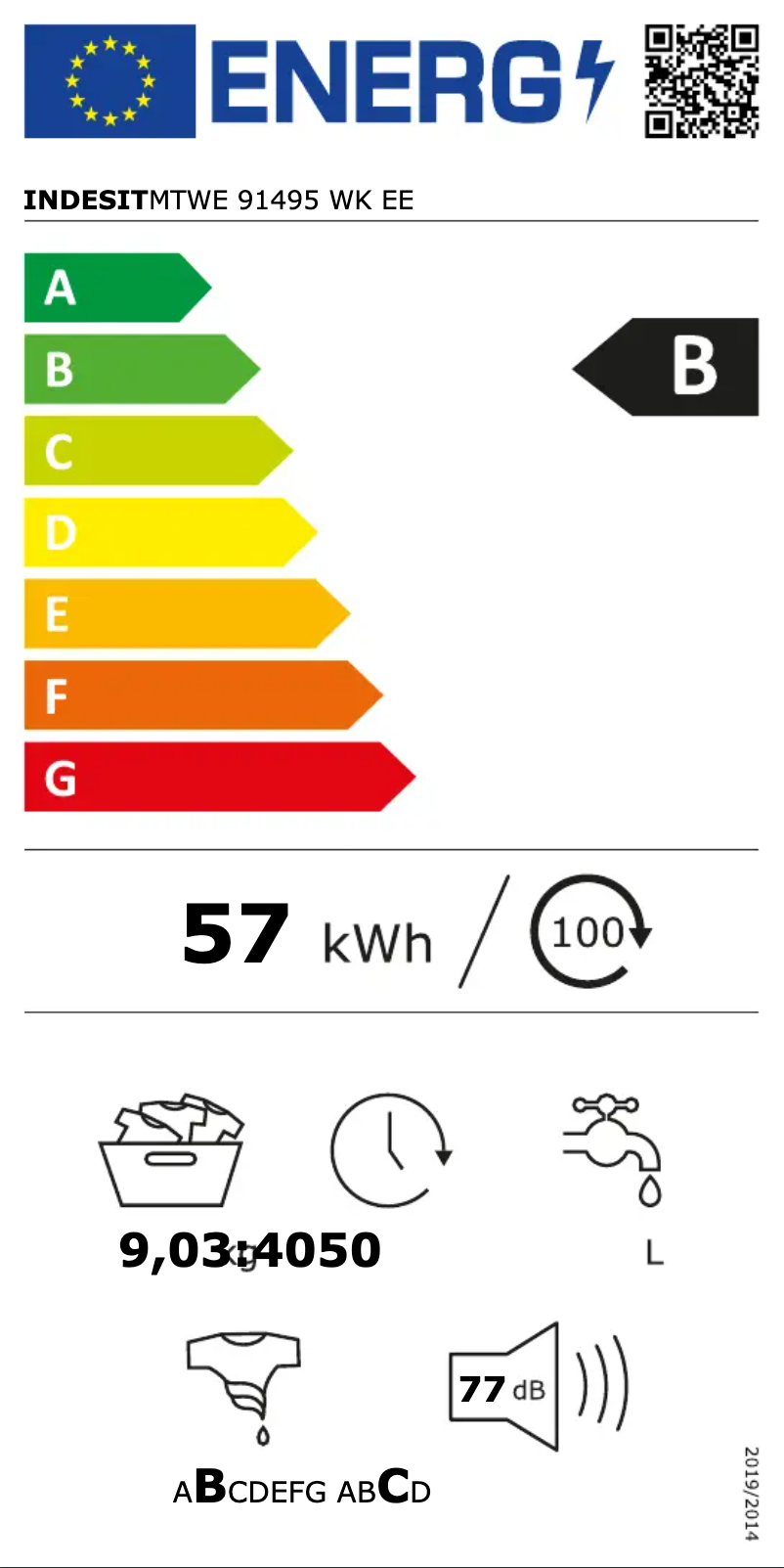Page 1 de la notice Label énergétique Indesit MTWE 91495 WK EE