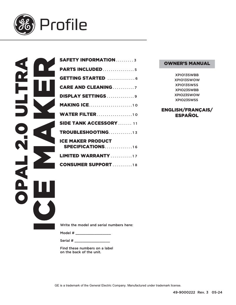 Page 1 de la notice Manuel utilisateur GE Profile Opal XPIO23SWOW