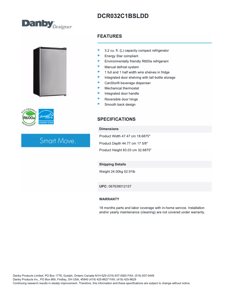 Page 1 de la notice Fiche technique Danby DCR032C1