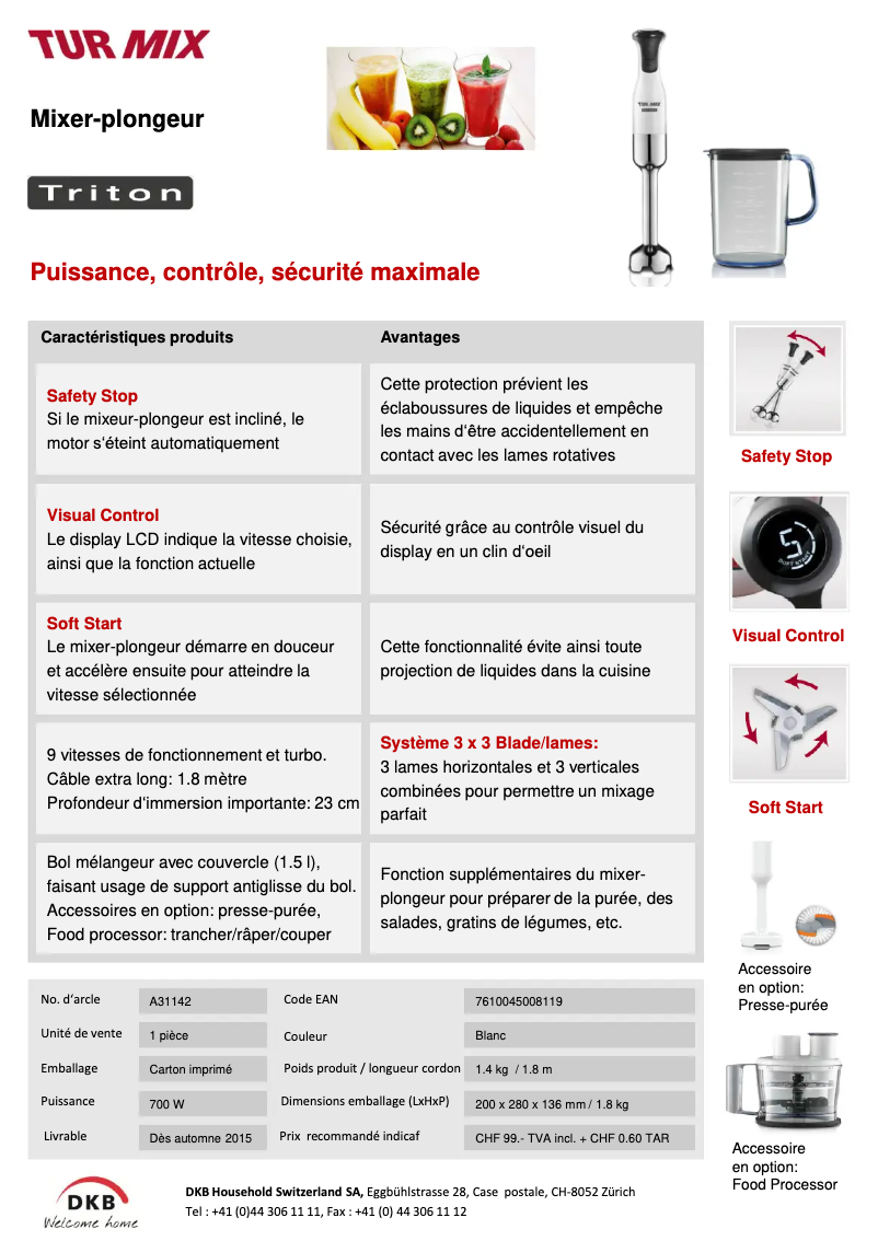 Page 1 de la notice Fiche technique Turmix Triton