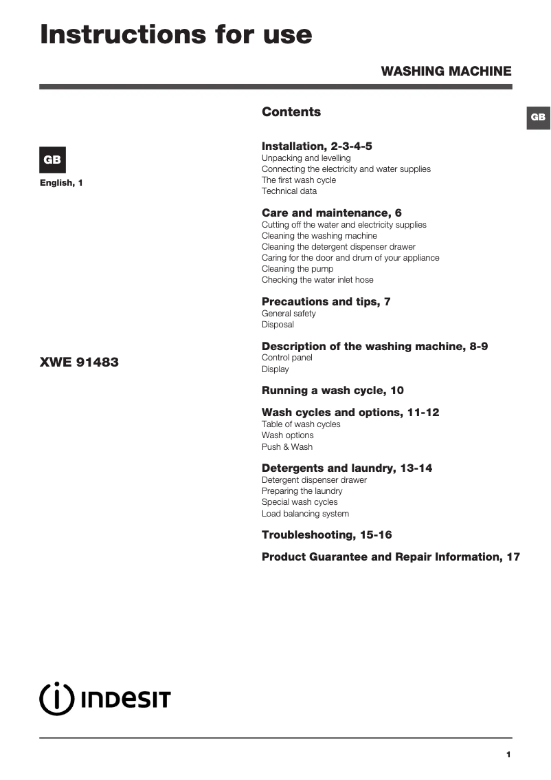 Page n°1 - Mode d'emploi Indesit XWE 91483X K UK