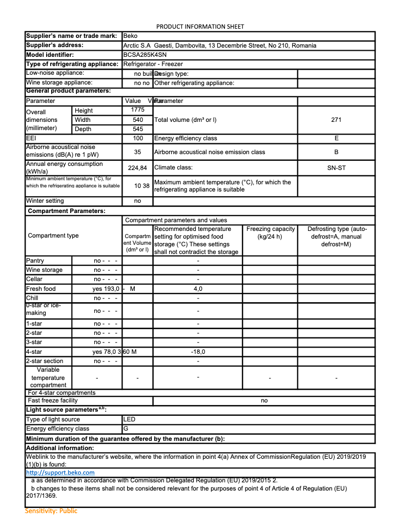 Page 1 de la notice Fiche technique Beko BCSA285K4SN