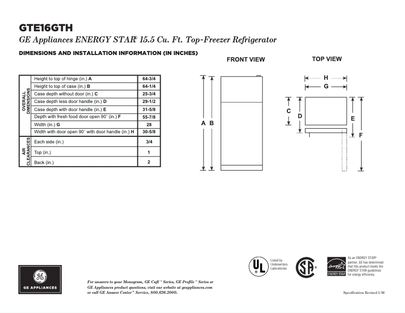 Page 1 de la notice Fiche technique GE GTE16GTHBB