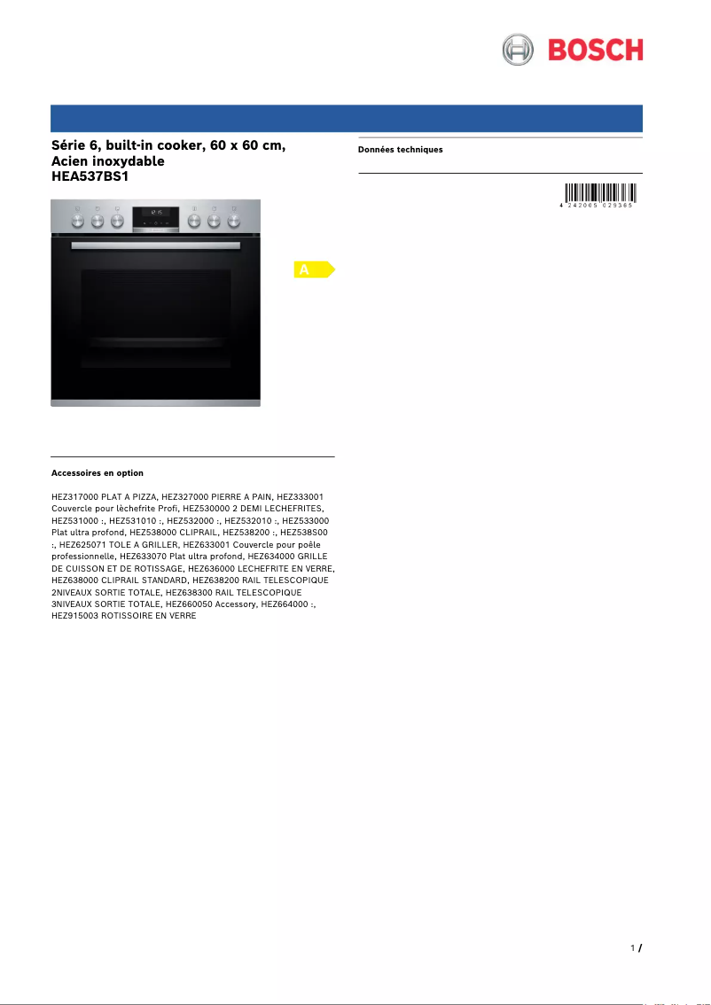 Page 1 de la notice Fiche technique Bosch HEA537BS1