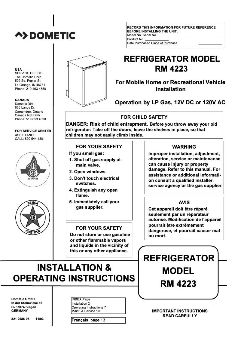 Page 1 de la notice Manuel utilisateur Dometic RM 4223