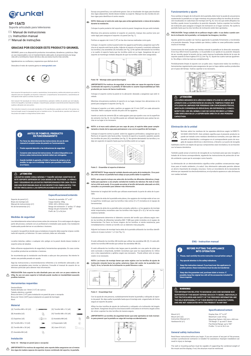 Page 1 de la notice Manuel utilisateur Grunkel SP-15AT3