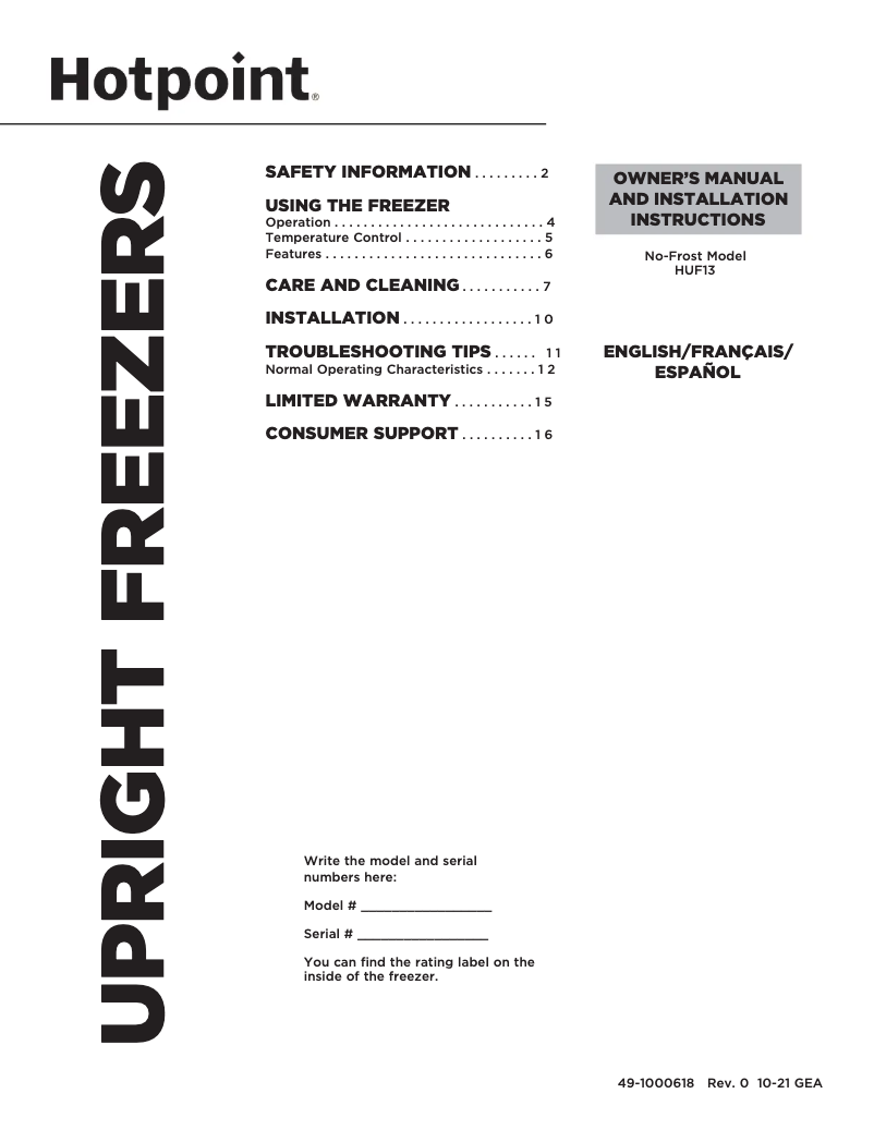 Página 1 del manual Manual de uso y mantenimiento Hotpoint HUF13STRWW