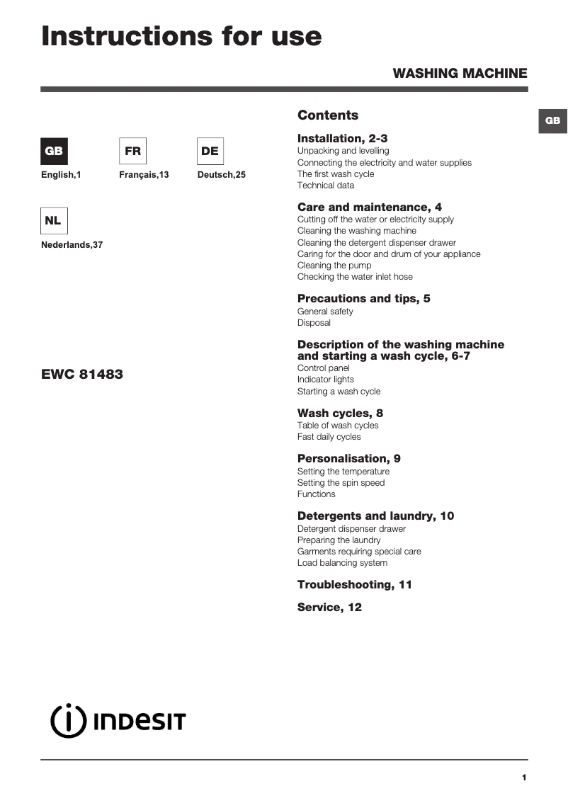 Página 1 del manual Manual de usuario Indesit EWC 81483 W EU