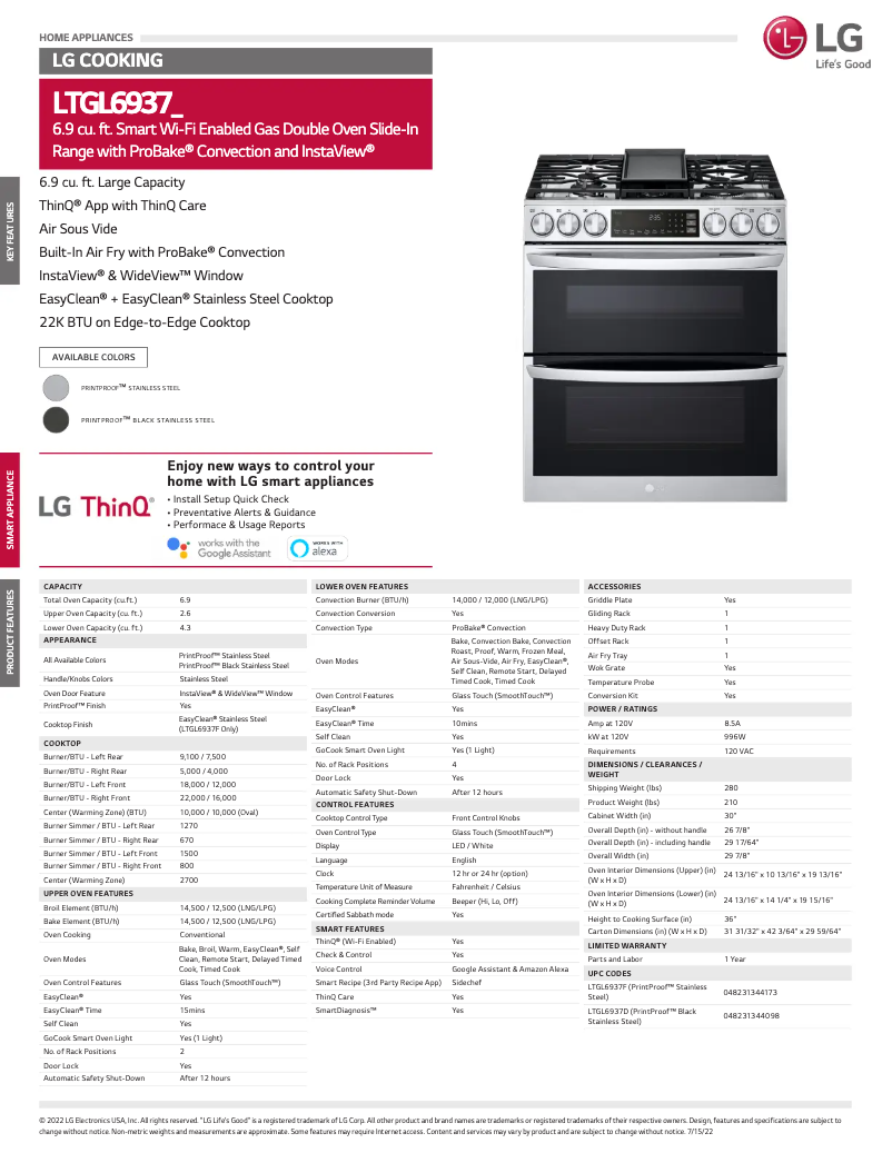 Page 1 de la notice Fiche technique LG LTGL6937D