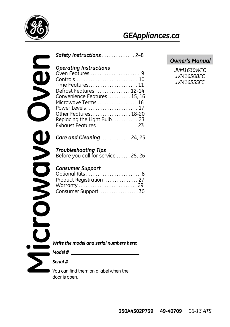 Page 1 de la notice Manuel utilisateur GE JVM1635SFC