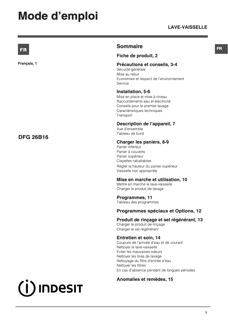 Page n°1 - Manuel utilisateur Indesit DFG 26B16 NX FR