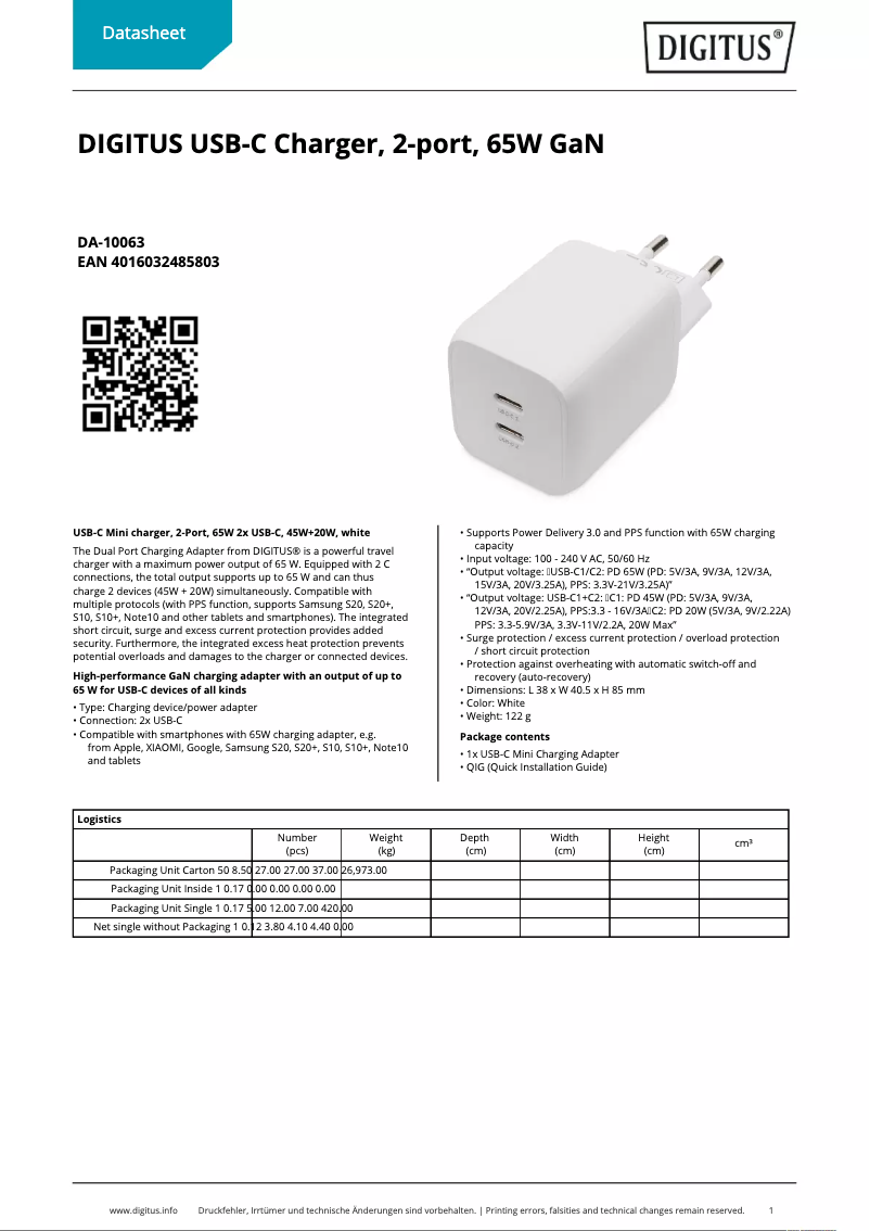 Page 1 de la notice Fiche technique Digitus DA-10063