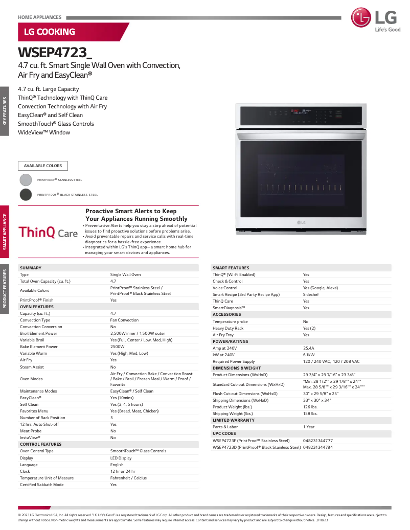 Page 1 de la notice Fiche technique LG WSEP4723F