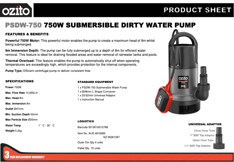 Page 1 de la notice Fiche technique Ozito PSDW-750