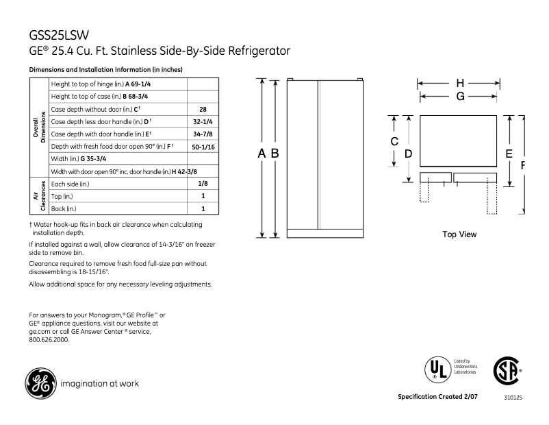 Page 1 de la notice Fiche technique GE GSS25LSWSS