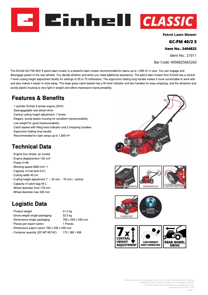 Page 1 de la notice Fiche technique Einhell GC-PM 40/2 S