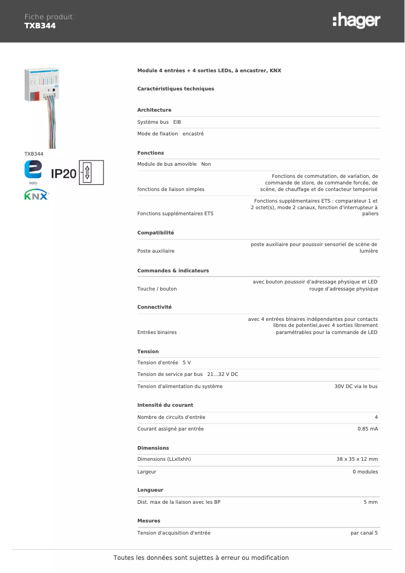 Page 1 de la notice Fiche technique Hager TXB344