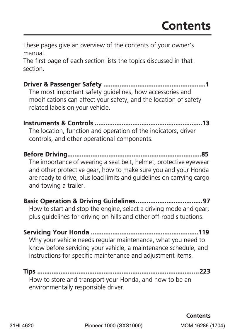 Page 1 de la notice Manuel utilisateur Honda Pioneer 1000 (2018)
