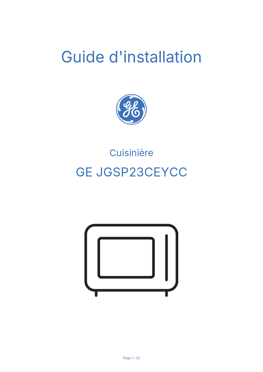 Page 1 de la notice Guide d'installation GE JGSP23CEYCC