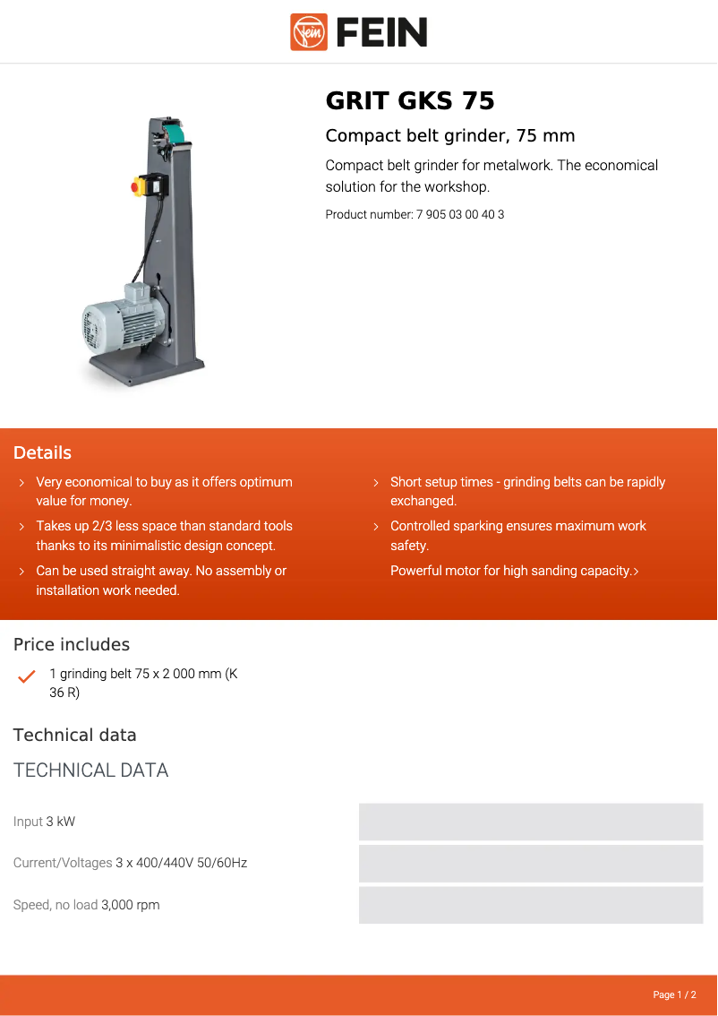 Page 1 de la notice Fiche technique Fein GRIT GKS 75