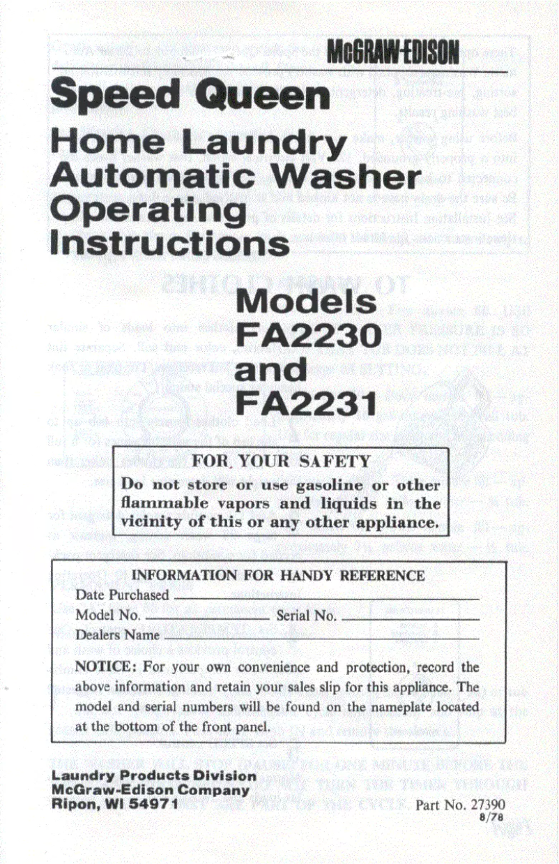 Página 1 del manual Manual de usuario Speed Queen FA2230