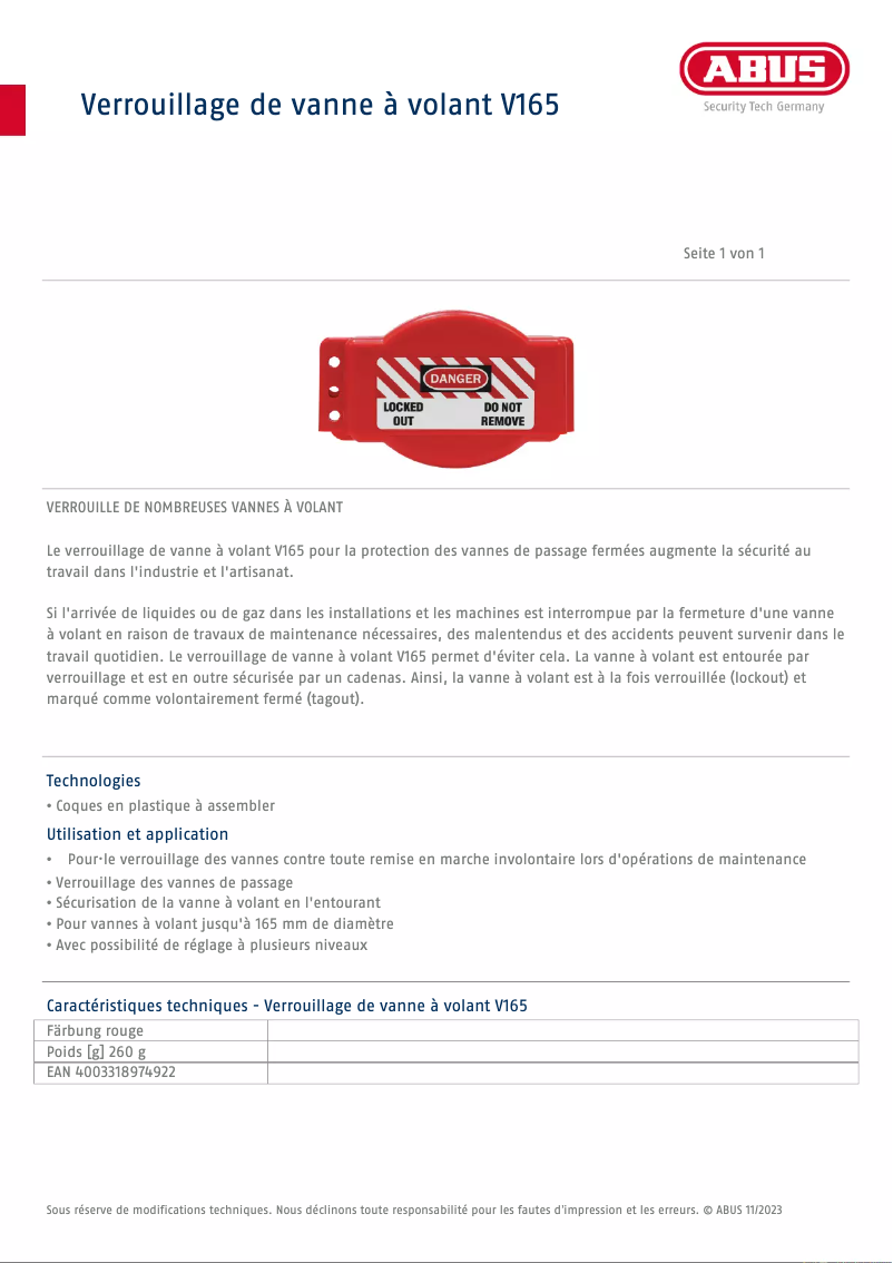 Page 1 de la notice Fiche technique Abus V165