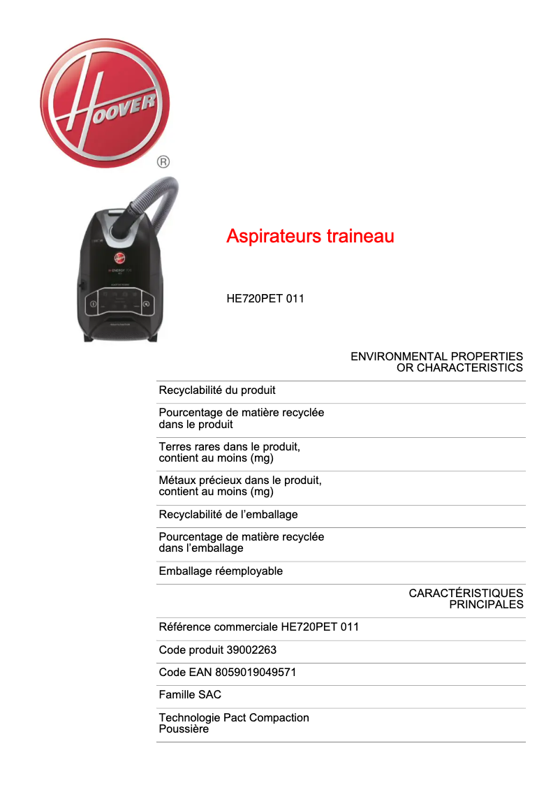 Page 1 de la notice Fiche technique Hoover H-ENERGY 700 HE720PET 011
