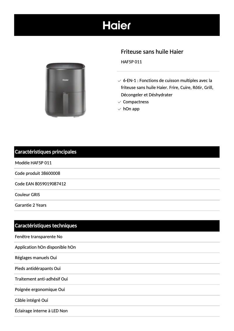 Page 1 de la notice Fiche technique Haier HAF5011