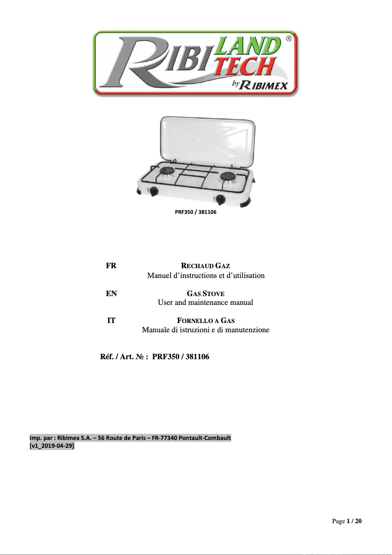 Página 1 del manual Manual de usuario Ribimex PRF350