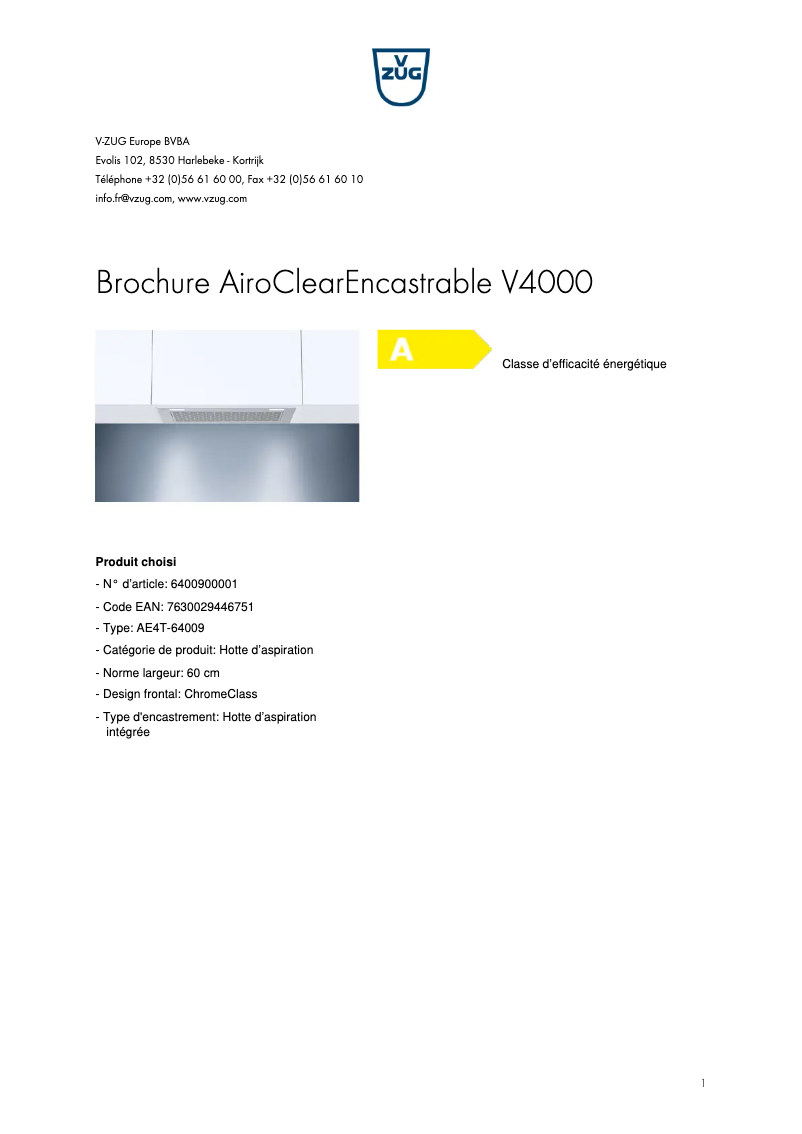 Page 1 of the manual Brochure V-Zug AiroClearEncastrable V4000
