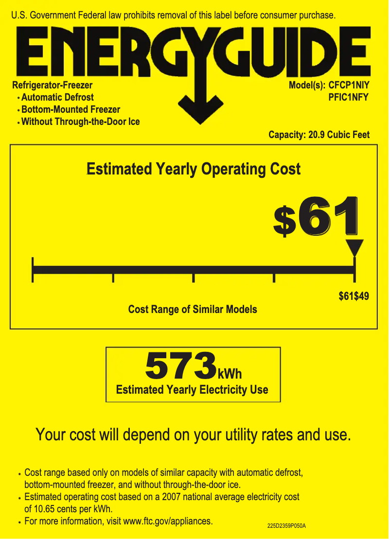 Page n°1 - Label énergétique GE Profile PFIC1NFYWV