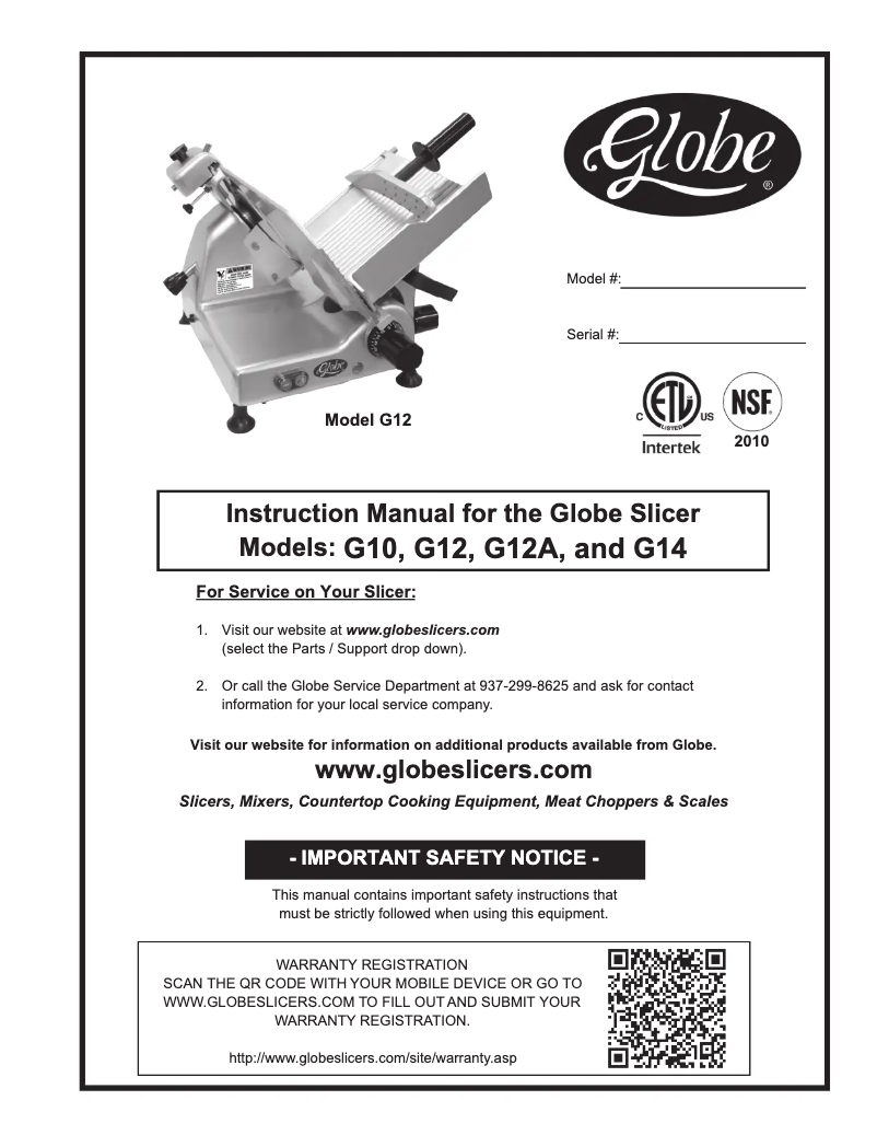 Page 1 de la notice Manuel d'utilisation et d'entretien Globe G10