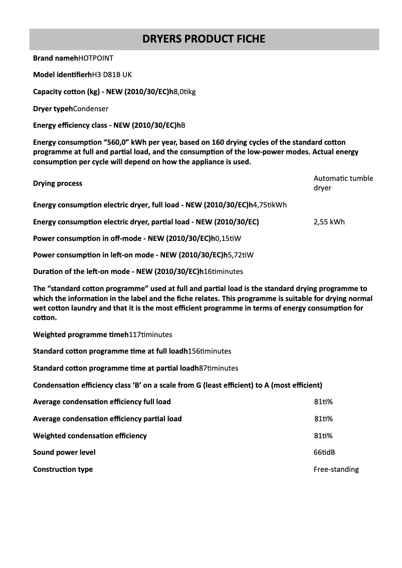 Página 1 del manual Ficha técnica Hotpoint H3 D81B UK