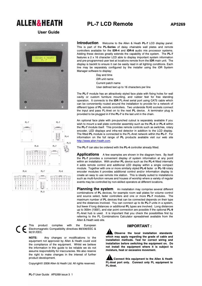 Page 1 de la notice Manuel utilisateur Allen & Heath PL-7