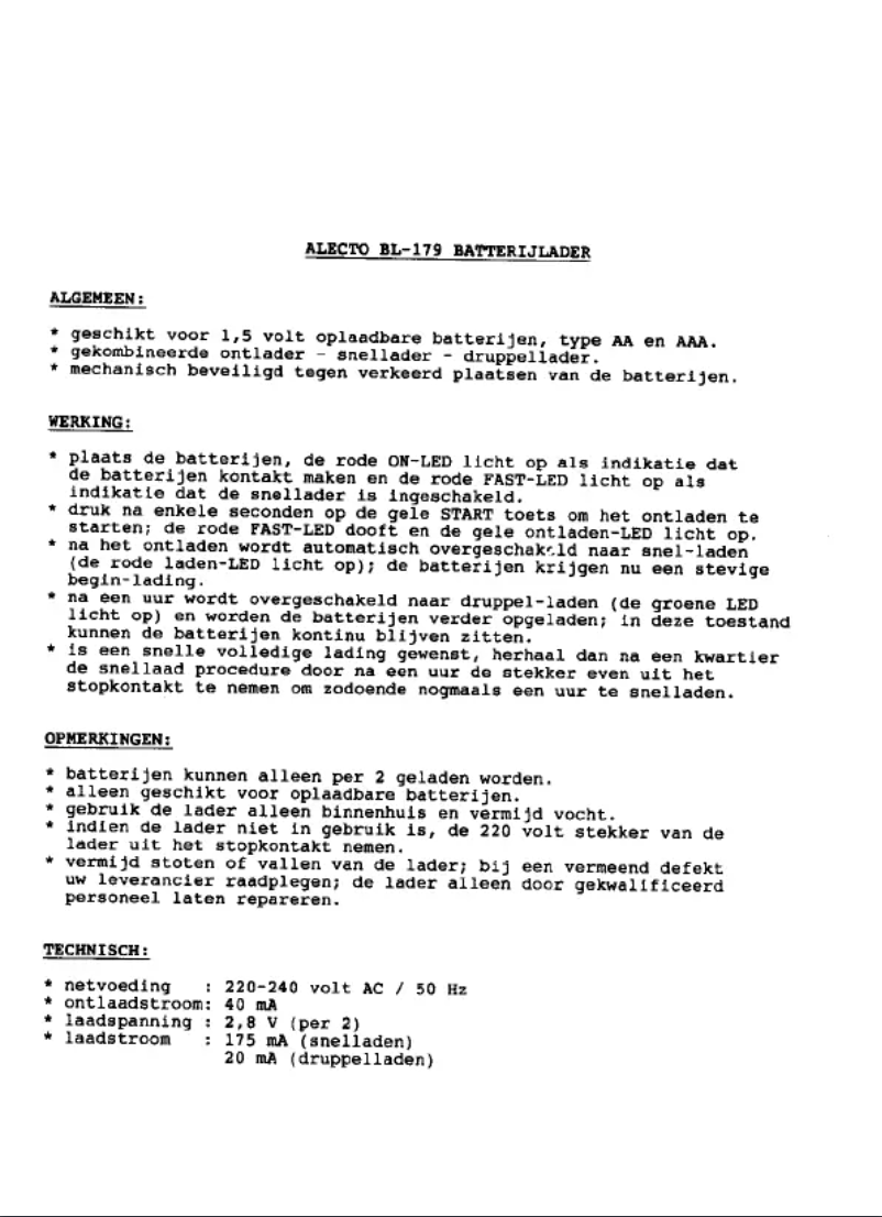 Page 1 de la notice Manuel utilisateur Alecto BL-179