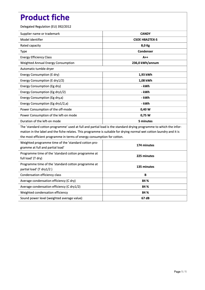 Page 1 de la notice Fiche technique Candy CSOE H8A2TEX-S