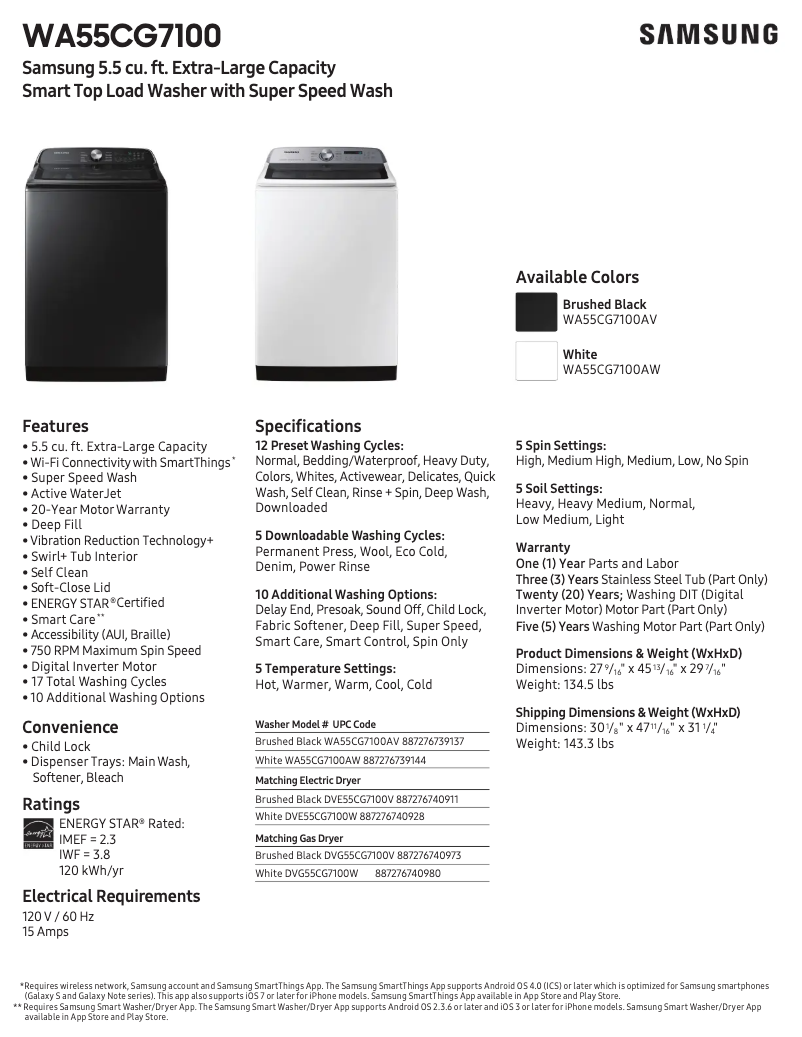 Page 1 de la notice Fiche technique Samsung WA55CG7100AV