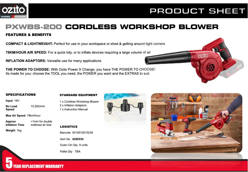 Page 1 de la notice Fiche technique Ozito PXWBS-200